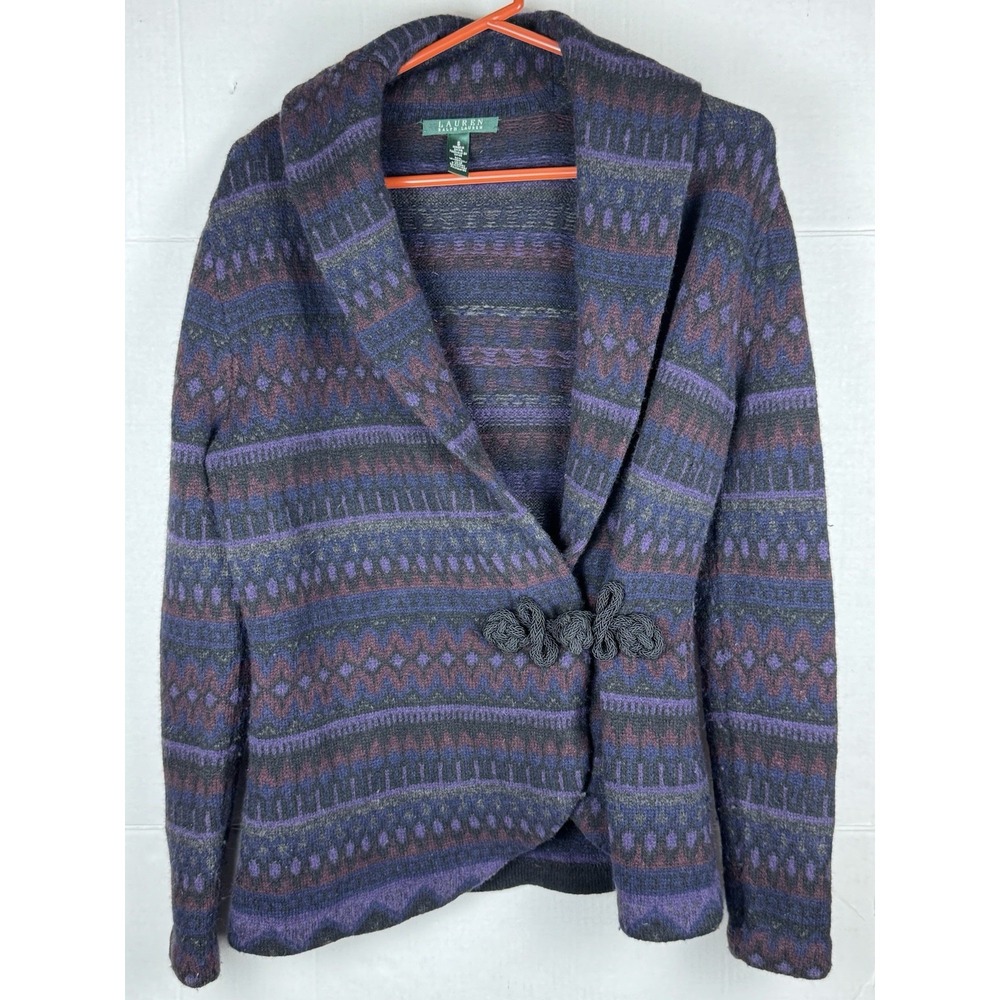 Lauren Ralph Lauren Purple Blue Pattern V-Neck Wool + Nylon Wrap Cardigan